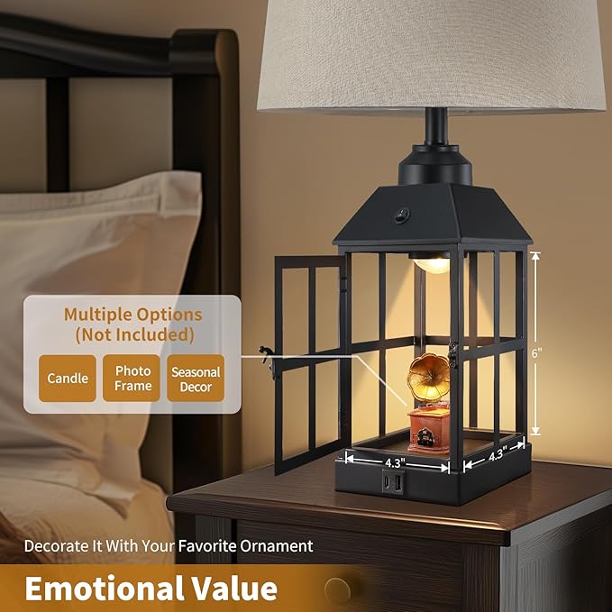 25" Farmhouse Table Lamp for Living Room, Black Lamp with USB Port and Nightlight, Rustic Table Lamp for Bedroom, Bedside Lamp for Nightstand, End Table, Home, Office, LED Bulb Included
