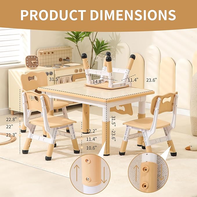 Toddler Table and Chairs, Kids Table and 4 Chairs Set with Graffiti Desktop, Height-Adjustable Kids Study Table for Boys and Girls Aged 3-8, Max 300lbs