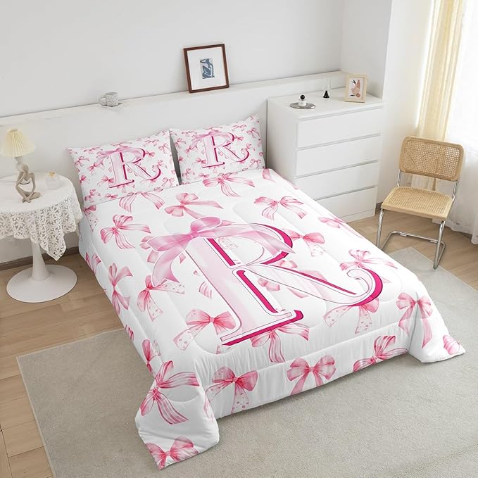 jejeloiu Kids Girls Cute Pink Bow Comforter Set Toddler Size Monogrammed Bedding Set Ultra Soft Personalized Initial R Duvet Quilt Coquette Bow Knot Quilt Set Room Decor Modern Fashion Comforter