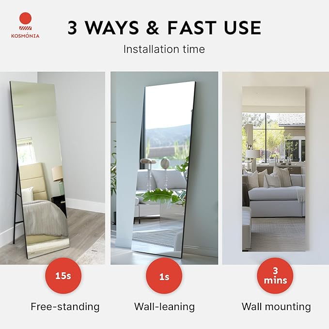 64x20 Frameless Full Length Silver Coating Mirror w/Distortion Free, HD Reflection &Anti Desilvering, Tempered Glass & Shatter Proof Film Doubling Safety, Easy Setup w/Stand, Wall/Standing