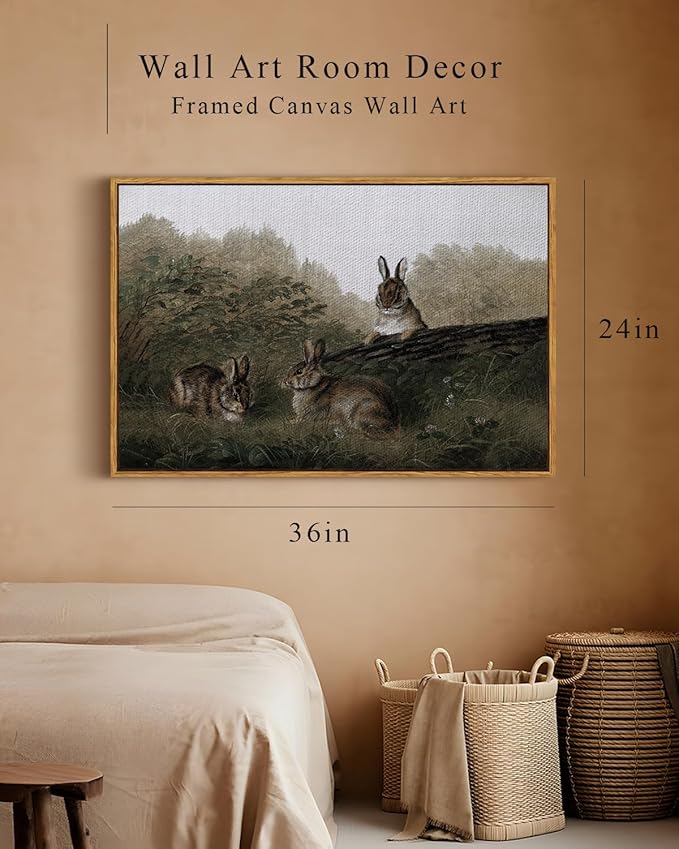 InSimSea Framed Wall Art for Living Room Three Rabbits with Vintage Wall Art Decor Animal Landscape Oil Painting Colorful Multicolor for Living Room Bedroom Office Wall Decor 24x36in