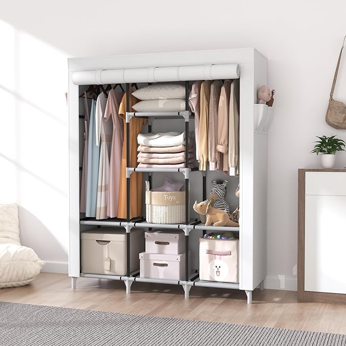 VTRIN Portable Closet Wardrobe for Hanging Clothes with 2 Hanging Rods and 8 Storage Organizer Shelves,Sturdy Large Wardrobe Closet for Bedroom Free Standing Clothes Rack with Cover,White