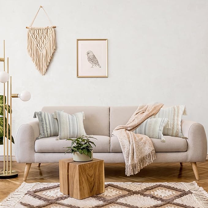 decorUhome Decorative Boho Throw Pillow Cover 12x20, Lumbar Accent Neutral Textured Tufted Pillow Cover Striped for Couch Bed Sofa, Khaki and Cream White, Pack of 1