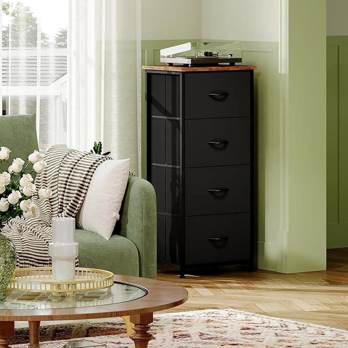 Somdot Tall Dresser for Bedroom with 4 Drawers, Storage Organizer Chest of Drawers with Removable Fabric Bins for Living Room Closet Bedside Nursery Laundry Entryway Hallway, Black Rustic Brown