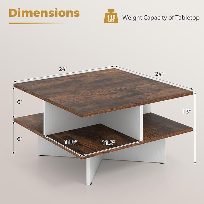 GOFLAME Farmhouse Coffee Table with Storage, 2-Tier Square Center Table with 4 Storage Compartments & X-Shape Base, Modern, Wood Tea Tables for Living Room, Lounge, Rustic Brown + White