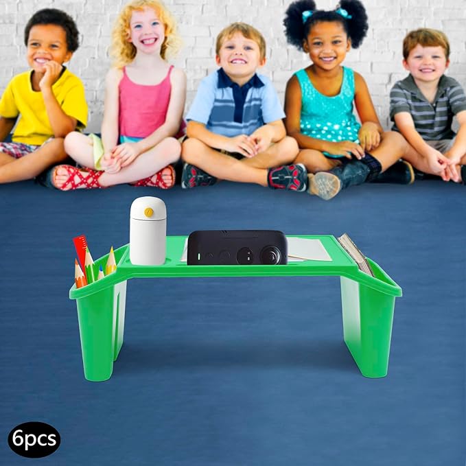 6 Pcs Kids Lap Desk Tray, Plastic Breakfast Lap Desk Trays with Side Pockets and Slot, Portable Lap Table Snack Tray for Eating, Writing, Drawing, Game, 19.69" L x 9.84" W x 7.1" H (Green*6)