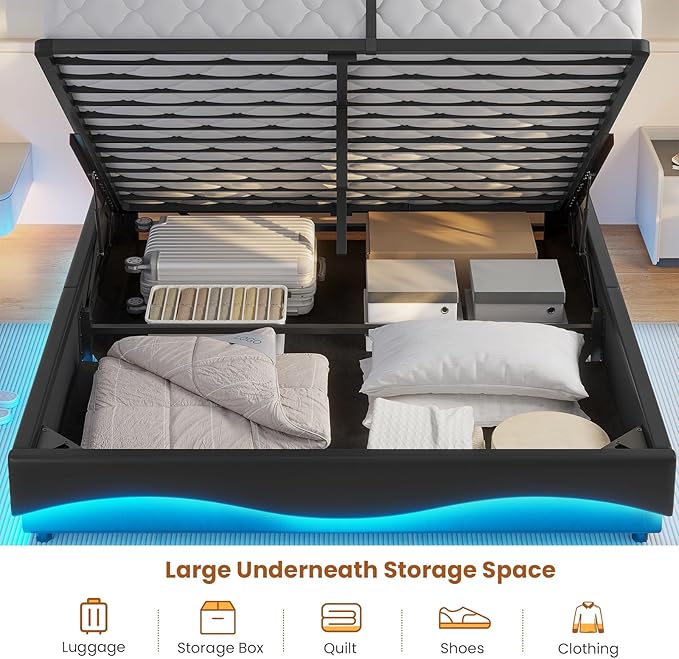 ADORNEVE Lift Up Storage Queen Bed Frame with Type-C Charging Station& Hidden Storage Headboard, LED Lights Upholstered Platform Bed,Queen Bed with Hydraulic, No Box Spring Needed,Black