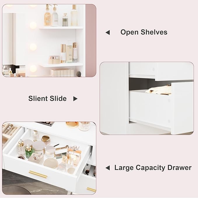 61" Vanity Desk with Mirror & Lights, White Makeup Dressing Table with 8 Drawers & 2 Shelves, 3 Lighting Modes with Adjustable Brightness for Bedroom, White