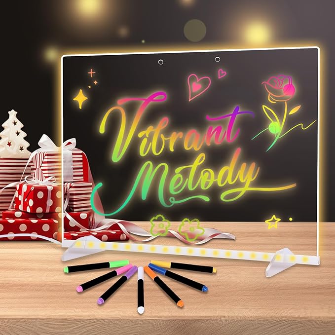 LED Note Board with Colors, 13.7"X10" 4 Modes & 7 Colors Acrylic Dry Erase Board with Light, Include Adapter, Hanging Chain, Led Drawing Board for Kids with Stand, 7 Markers, Spray Bottle ﻿