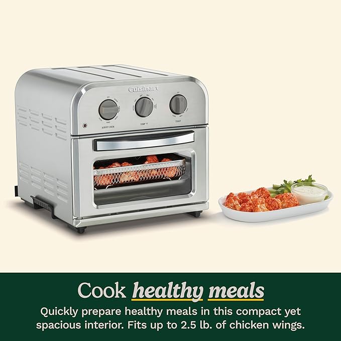 Cuisinart Compact Air Fryer Toaster Oven, Stainless Steel Fryer with 6-in-1 Functions, Adjustable Temperature, Includes Oven Rack, Baking Pan and Air Fry Basket, TOA-26