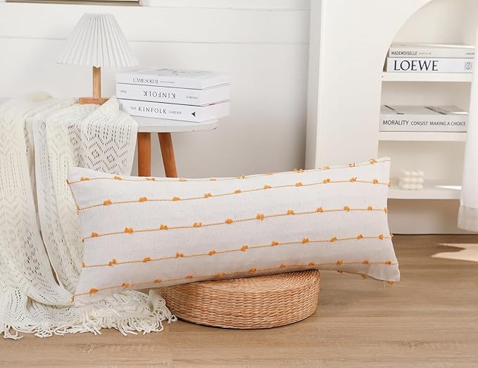 Long Lumbar Throw Pillow Cover 16x36,Stripe Pattern Cotton Yellow Boho Extra Long Decorative Pillow Cover Pillow Case Cushion Cover for Bed Sofa Couch Farmhouse,Skinny Modern Accent