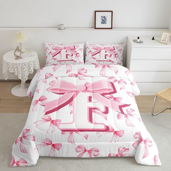 jejeloiu Kids Girls Cute Pink Bow Comforter Set Toddler Size Monogrammed Bedding Set Ultra Soft Personalized Initial F Duvet Quilt Coquette Bow Knot Quilt Set Room Decor Modern Fashion Comforter