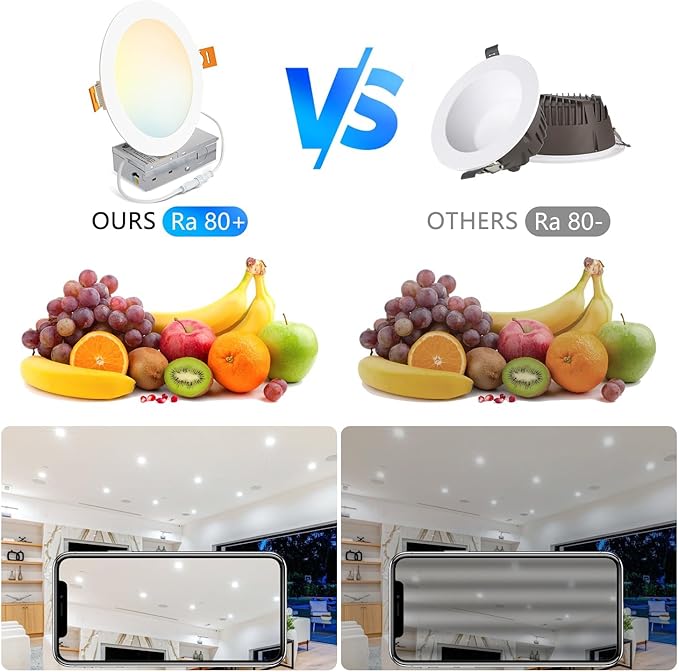 LVWIT 6 Pack 3 Ince LED Recessed Light, 7W 5CCT Ultra-Thin Dimmable Can Lights with Junction Box, High Brightness Canless Wafer Downlight for Kitchen Hallway Dining Room