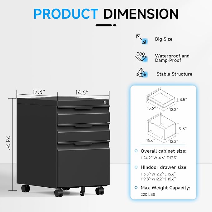 3 Drawer File Cabinet on Wheels, Mobile File Cabinet with Lock for Letter/Legal/A4 File, Metal Rolling File Cabinets for Home Office (Black)
