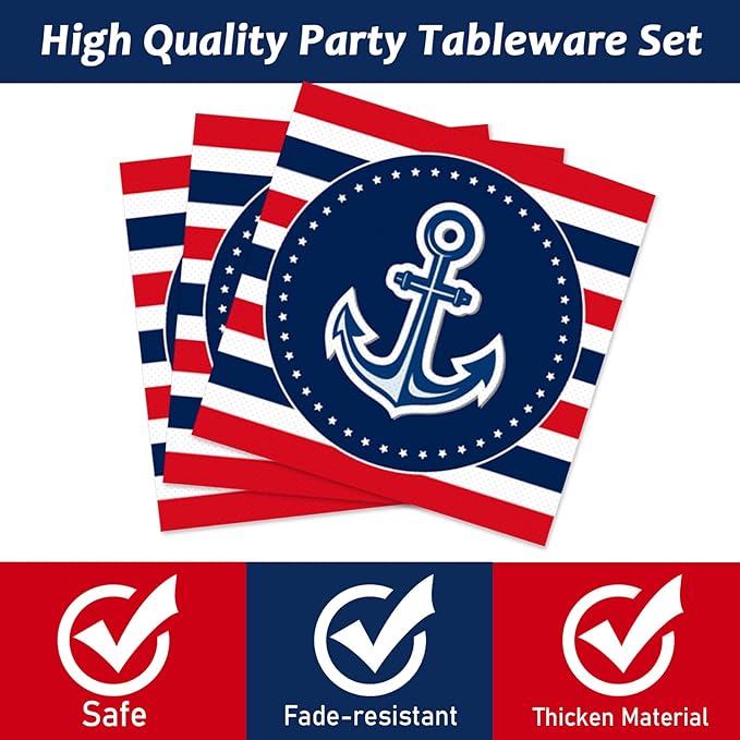 Wiooffen 96 Pcs Nautical Anchor Party Plates Napkins Tableware Set Anchor Theme Supplies Disposable Dinnerware Sailor Boat Ship Decoration Favors for Navy Baby Shower Birthday, 24 Guests