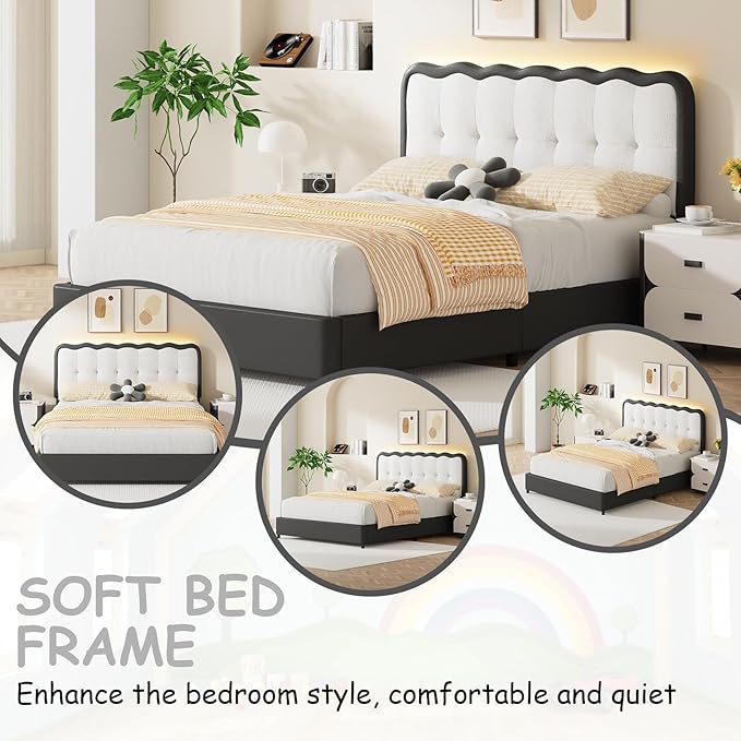 BarnFurin Full Size Bed Frame with LED Lights, Full Bed Frame with Headboard LED Lights, Upholstered Platform Bed with Cloud Headboard, No Box Spring Required, Easy Assembly, Black