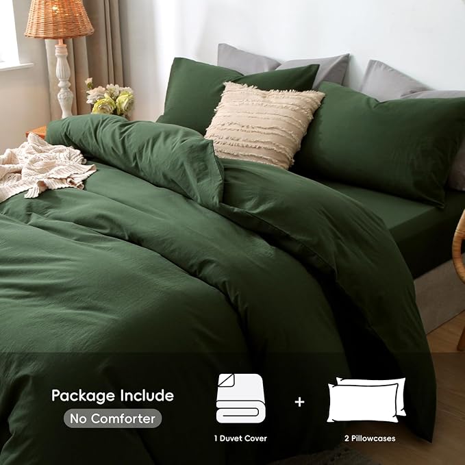 MooMee Bedding Duvet Cover Set 100% Washed Cotton Linen Like Textured Breathable Durable Soft Comfy (Solid Forest Green, Alaska King 132"x120")
