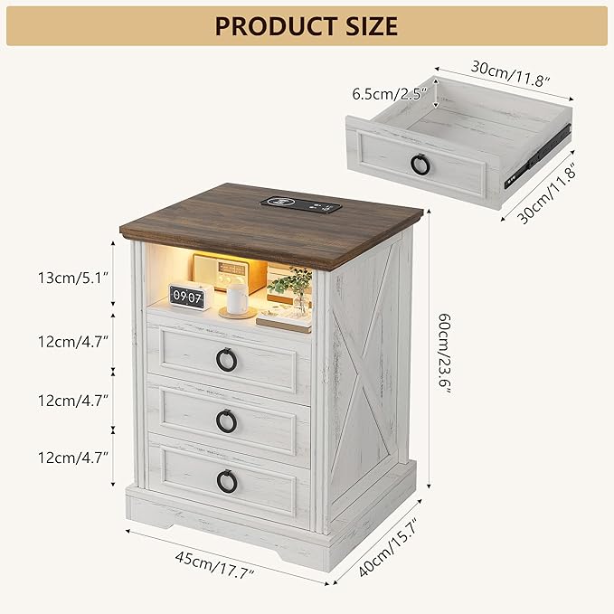 Nightstand with Charging Station,Farmhouse End Side Table with 3 Drawers and Open Storage,Smart Bedside Table with LED Light & Human Sensor for Bedroom,White