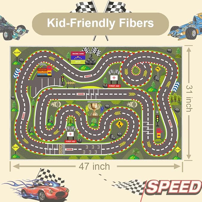 Kids Rug, Race Track Playmat Rugs 47×31 in Kids Carpet with Rubber Backing, Start and Finish line Racing Track Marking Car Road Race 3D Play Mat Nursery Rugs for Children Bedroom Playroom