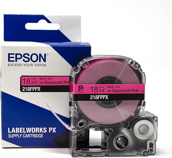 Epson LABELWORKS 218FPPX Genuine PET (Polyester) Tape Cartridge - Black on Fluorescent Pink Label Maker Tape - 3/4" (18MM) Wide, 30'
