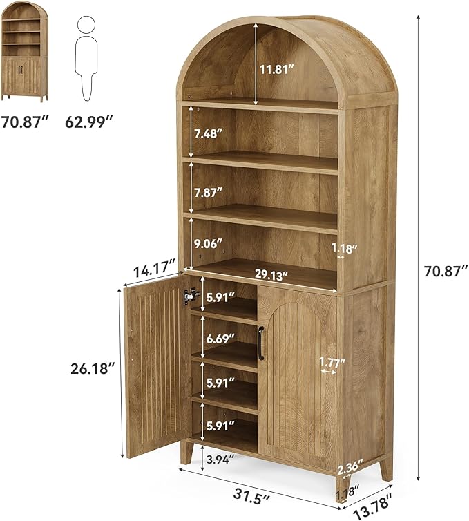 LITTLE TREE 70.9 Inches Tall Arched Bookcase, 8-Tier Bookshelf with Doors & Adjustable Shelves, Farmhouse Big Bookcase for Living Room, Large Vertical Storage Cabinet for Home Office, Oak Color