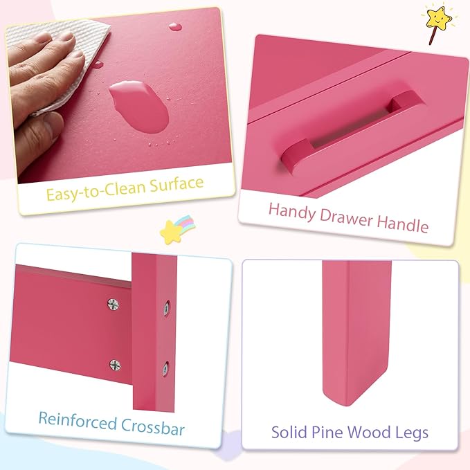 HONEY JOY Kids Desk and Chair Set, Wooden Children School Study Table and Chair w/Storage Drawer & Hutch, Student Writing Desk Computer Workstation for Bedroom, Gift for 3+ Years Old (Pink)