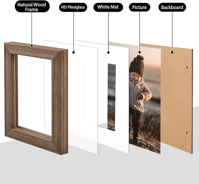 KINLINK 6x8 Picture Frame Rustic Brown, Solid Wood Frames with Acrylic Plexiglass for Pictures 4x6 with Mat or 6x8 without Mat, Tabletop and Wall Display Photo Frame, Set of 4