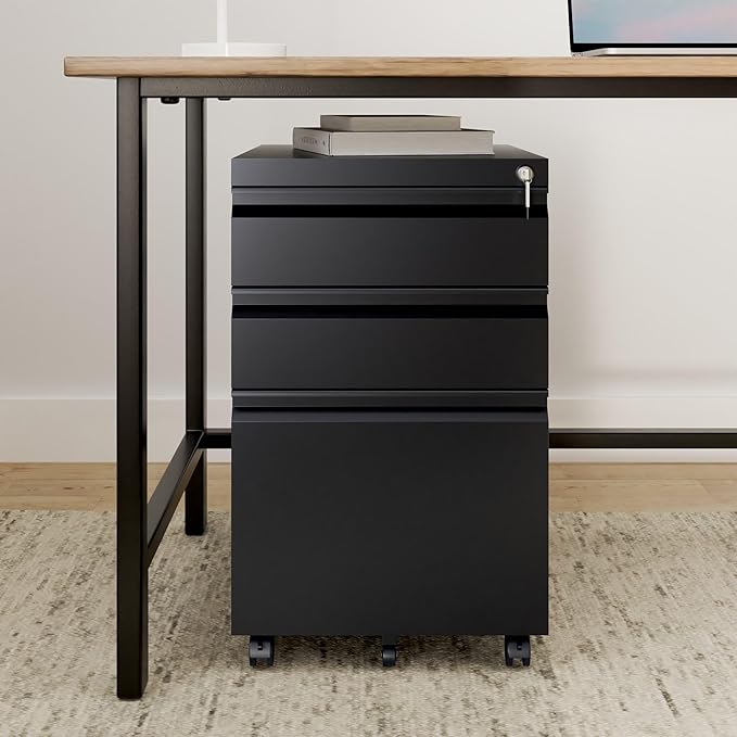 3 Drawer Vertical File Cabinet, Black Mobile Filling Cabinet with Lock for Legal/Letter Size, Pre-Built Office Storage File Cabinet with Wheels Under Desk - Fully Assembled