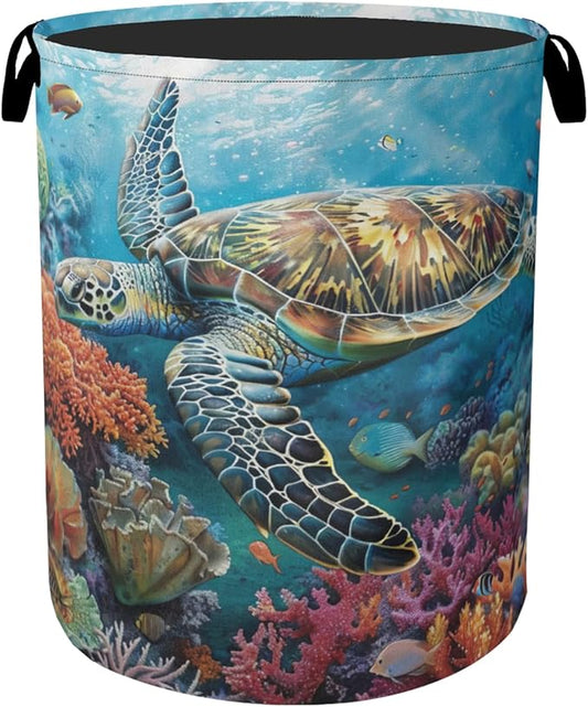 Sea Turtle Foldable Canvas Laundry Basket with Handles - Storage Organizer, Heavy Duty for Home，Bedroom, Dorm, Bathroom