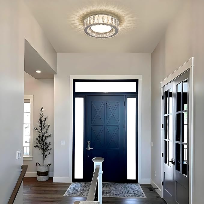 Dimmable Modern Luxury Crystal LED Flush Mount Ceiling Light,11 Inch 24W/5CCT 3000K-6000K Chrome Small Close to Ceiling Lighting Fixtures for Kitchen,Entryway,Laundry Room,Porch,Hallway