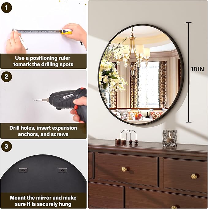 18-Inch Round Wall Mirror with Aluminum Alloy Metal Frame - Ideal for Entryway, Bathroom, Vanity, Living Room - Black Finish Circle Mirror for Stylish Home Decor