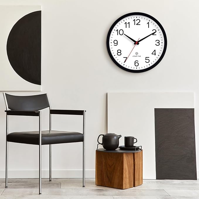 AKCISOT Atomic 12 Inch Wall Clock Analog Clocks for Indoor Kitchen, Battery Operated Clock for Bedroom Office Classroom Living Room(Black)