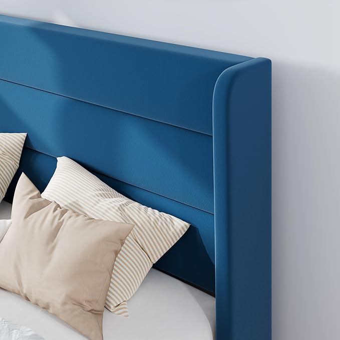SHA CERLIN Queen Size Velvet Bed Frame/Vertical Channel Tufted Wingback Headboard/Upholstered Platform Bed with Wooden Slats/Mattress Foundation/No Box Spring Needed/Easy Assembly/Blue