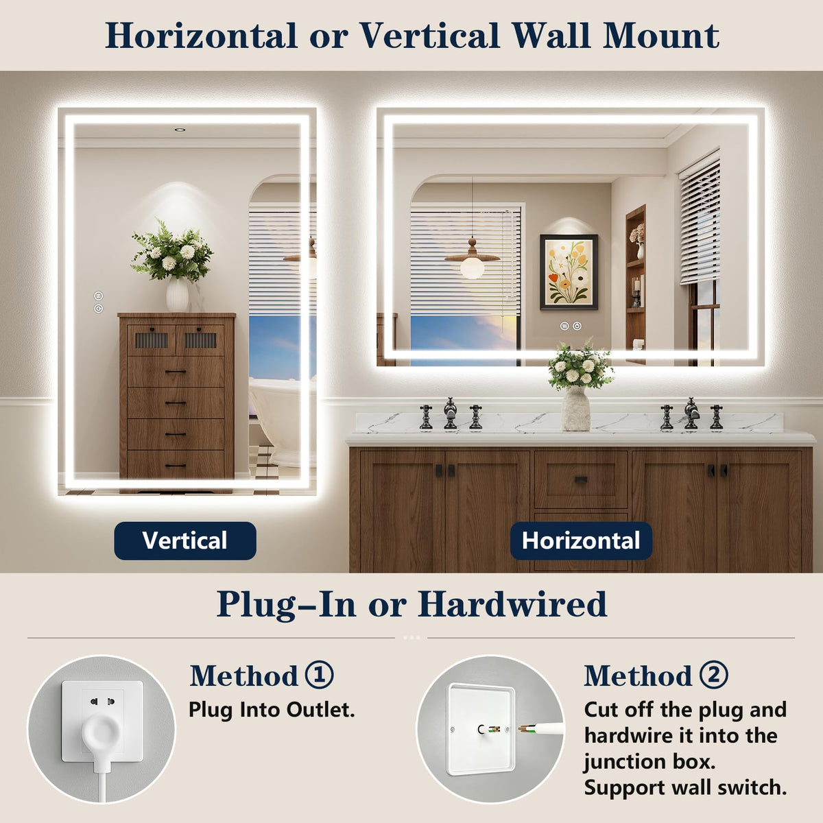 VEEYLOS 60x36 Inch LED Bathroom Mirror with Lights, Backlit & Front Lit