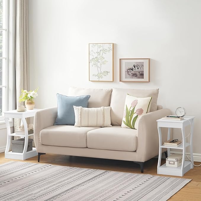 End Table with Charging Station, Side Table with USB Ports and Outlets, 3 Tier Nightstand with Storage Shelf for Small Spaces, Living Room, Bedroom, White ETWT53E01
