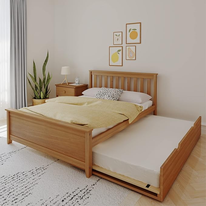 Max & Lily Full Bed, Wood Bed Frame with Headboard for Kids with Trundle, Slatted, Pecan