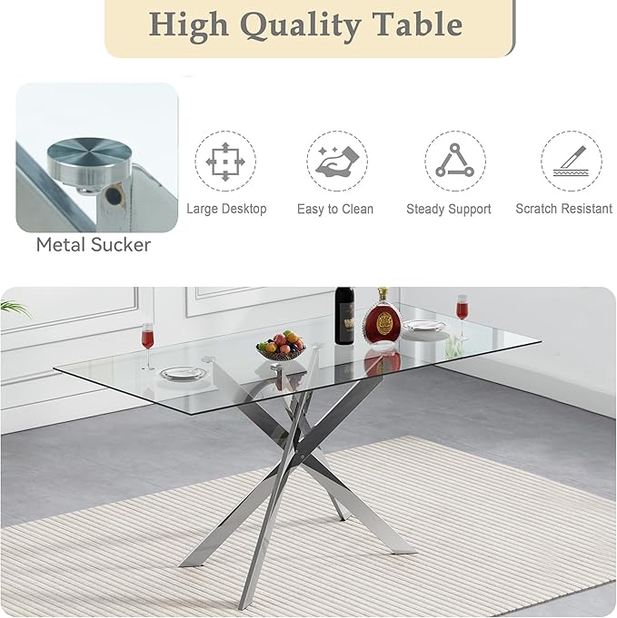 SSLine 51'' Silver Glass Dining Table Set for 4,5 Piece Kitchen Table and Chairs Set with Metal Legs and 4 PU Leather Dining Chairs for Kitchen Room Small Spaces