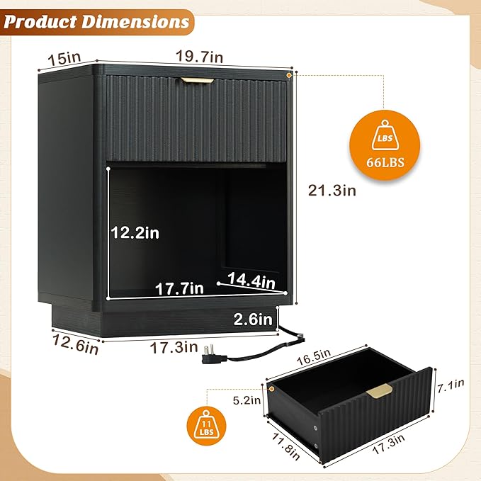 Fluted Nightstand Charging Station,Wood Modern Night Stands Storage Cabinet for Bedroom, Black Bedside Table with Drawers