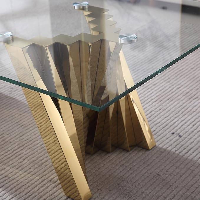 Goujxcy Modern Glass Coffee Table 51" Gold Center Table with Tempered Glass Top and Mirror Finish Stainless Steel Legs, Luxury Rectangular Coffee Table for Living Room Apartment (Gold)