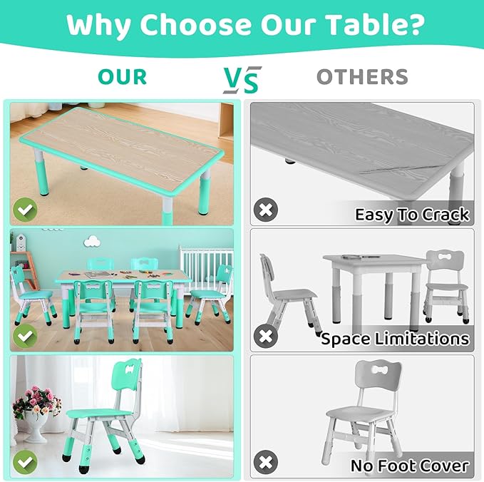 Arlopu Kids Table and 6 Chairs Set, Height Adjustable Graffiti Desk, Preschool Activity Art Craft Table, for Daycare Classroom Home Boys and Girls Age 3-12 (Light Green)