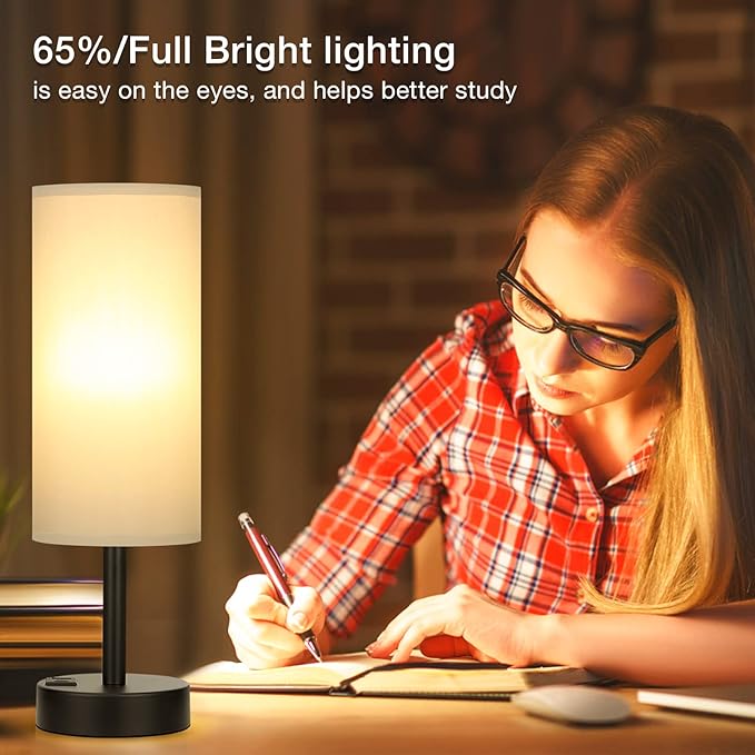 Grey Touch Nightstand Lamps for Girl - Small Bedside Lamp with USB-C and USB Charging Ports, 3 Way Dimmable Control Table Lamp for Living Room Office, Dorm, Reading with Fabric Shade Black Base
