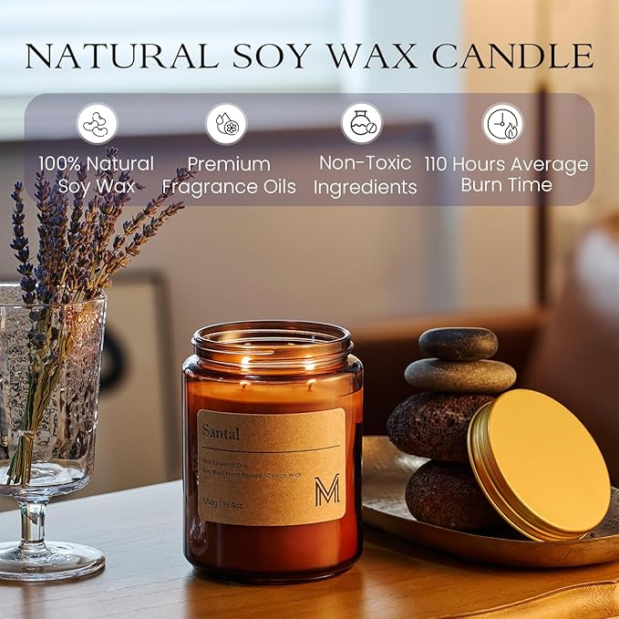 M&SENSE Santal Home Scented Candle | 19.4oz, 115-Hour Burn | Natural Organic Soy Wax | Long-Lasting for Stress Relief and Gifting | for Bedroom，Relaxing SPA，Office