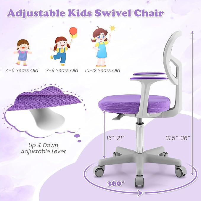 Giantex Kids Desk Chair, Children Computer Chair with Wheels and Y-Shaped Lumbar Support, Mesh Kids Office Chair, Height Adjustable Desk Chair for Girls Boys Aged 4-13, Purple