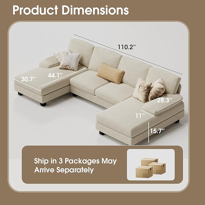 Furmax Sectional Couches for Living Room, U-Shaped Sofa Couch with Linen Fabric, 4 Seat Sofa Set with Double Chaise for Apartment (Corduroy, Beige)