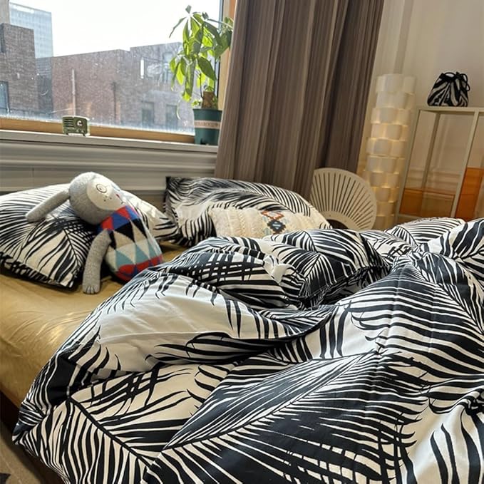 Black Palm Leaf Comforter Set Full Size Ultra Soft Down Alternative 3-Piece Palm Leaf Twin Size Bedding Set Soft and Breathable Comfortable