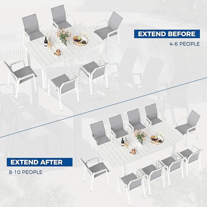 9 Piece Aluminum Outdoor Patio Dining Sets with Fully Assembled Dining Chair，91.3"L×39.4"W Expandable Patio Table and Chairs Set for 8, Stackable Chairs with Quick Drying Fabric, White