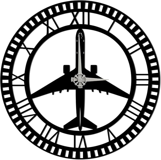 Metal Wall Clock | Airplane Silhouette Design | Roman Numerals | Silent Non-Ticking | Aviation Decor for Pilot, Traveler, Home, Office & Kids Room (35.4"x35.4")
