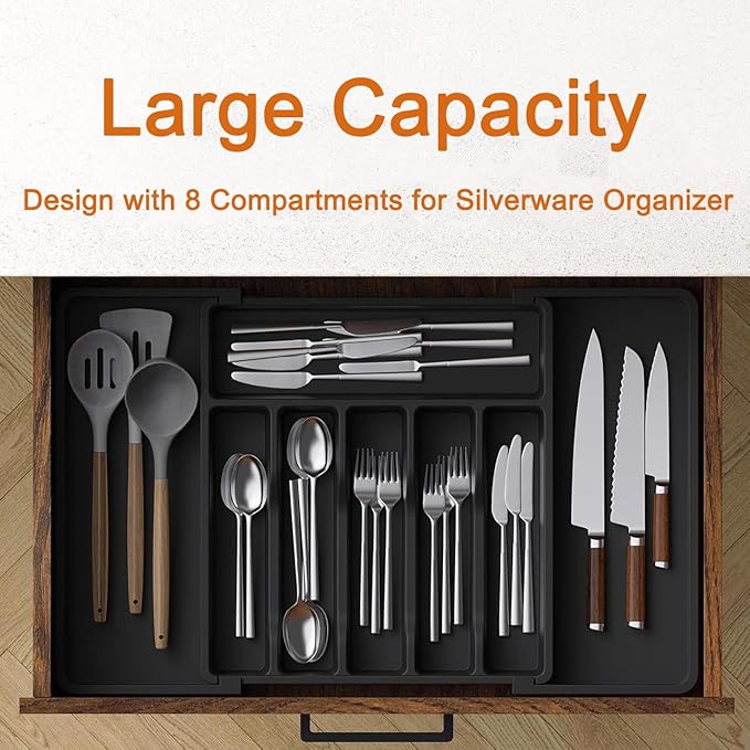Silverware Drawer Organizer - Expandable Deep Utensil Organizer for Kitchen Drawers(Black)
