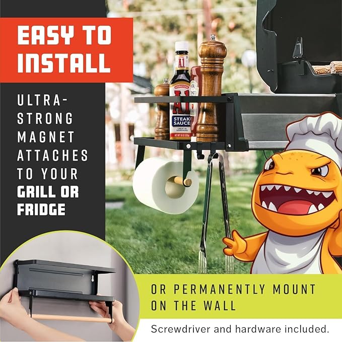 Grill Accessories Magnetic Grill Caddy & Organizer - Black Portable Powder-Coated Iron - BBQ Shelf & Tool Holder with Heavy Duty Magnets for Refrigerator & Oven - Foldable Design