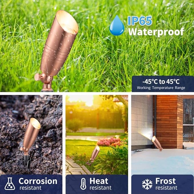 Spot Light Brass - Outdoor Landscape Spotlights LED, 12V Low Voltage Landscaping Uplights Bright, Hard-Wired All Weather Copper for Backyard Lawn with No Bulbs (8 Pack)